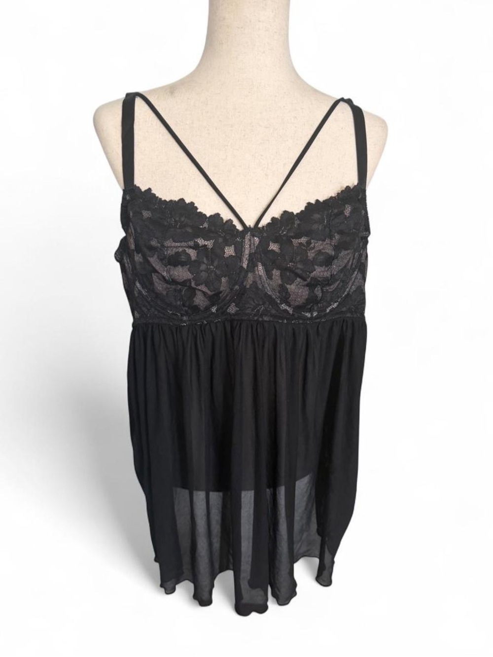 torrid Black Lace Babydoll Chemise with Sheer Skirt and Double Straps
